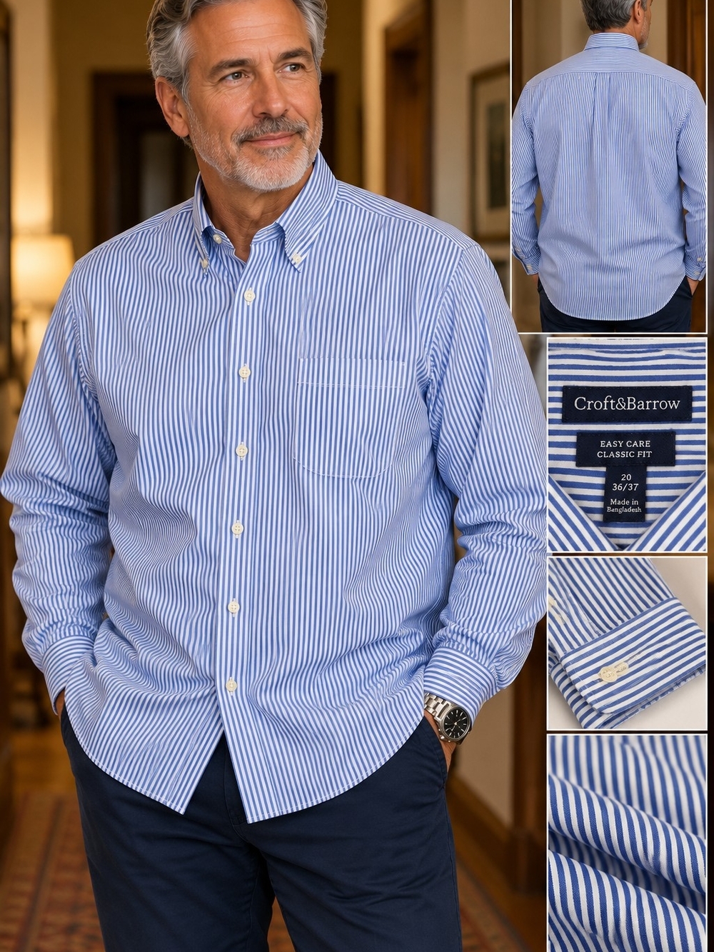Croft & Barrow Easy Care Classic Fit Blue White Stripe Dress Shirt 20 36/37
